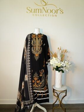 Black & Orange Embroidered Women's Pakistani Dress